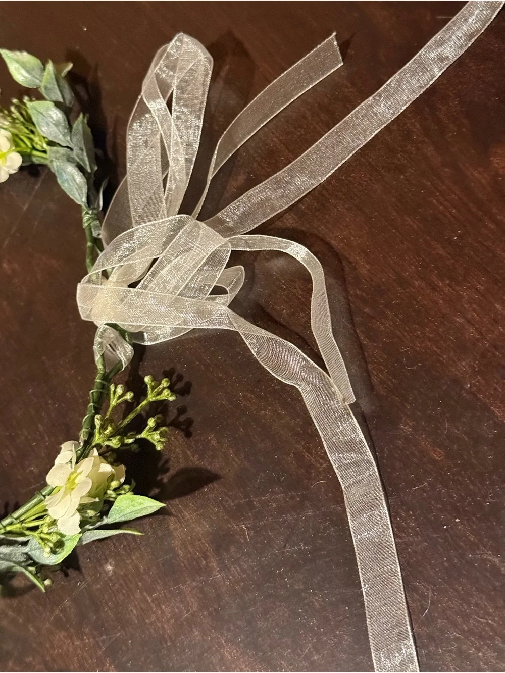 Green & White Floral Garland Headpiece Crown Adjustable Sheer Ribbon Bow Wedding